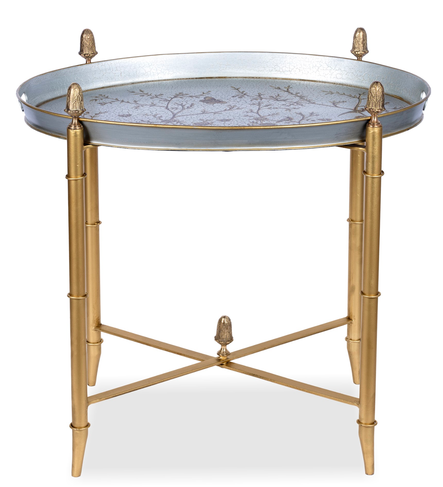 Pewter Round Tray & Gold Table with Finials