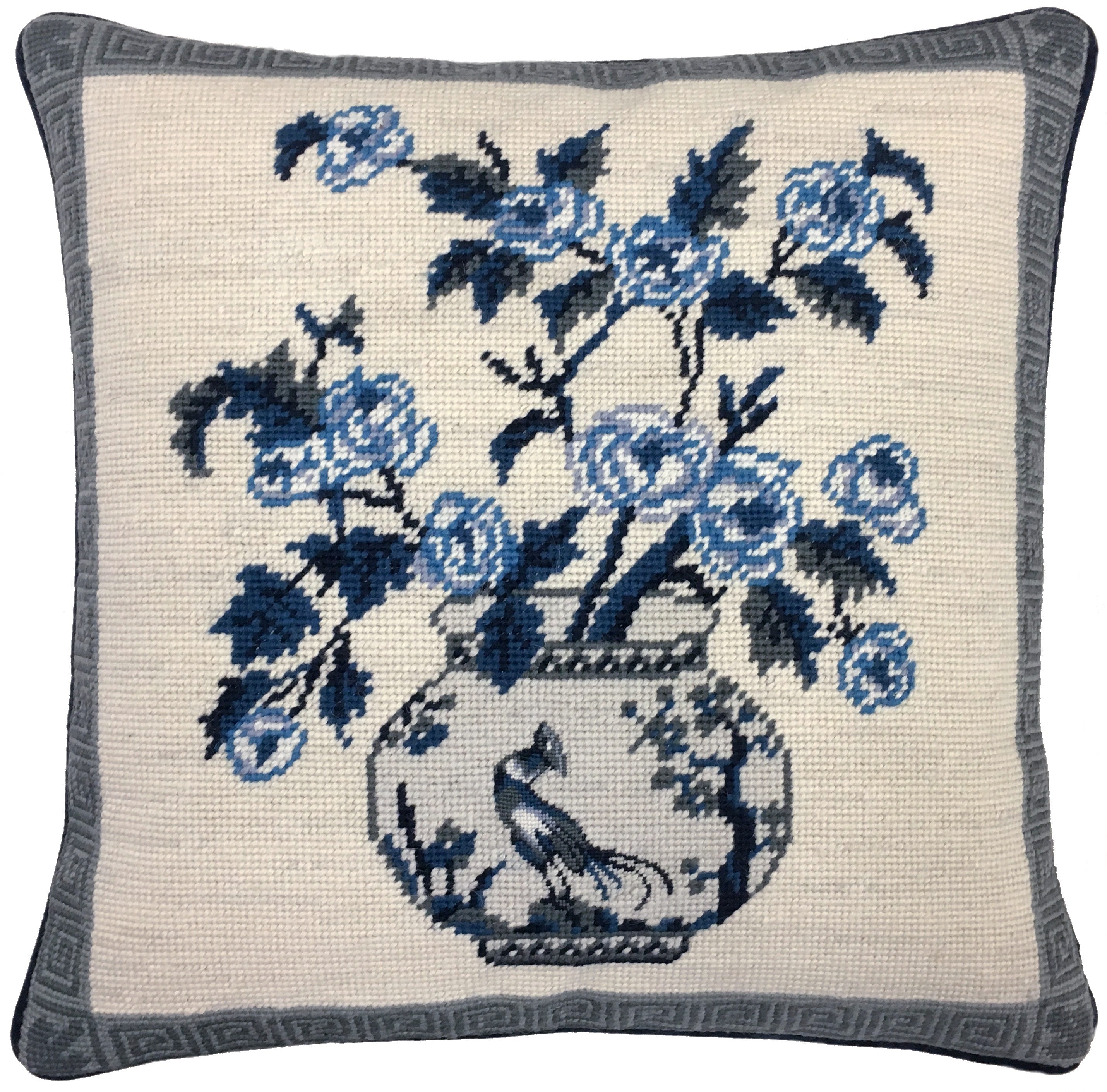 FLORAL EMBROIDERY BLUE & WHITE PILLOW 2