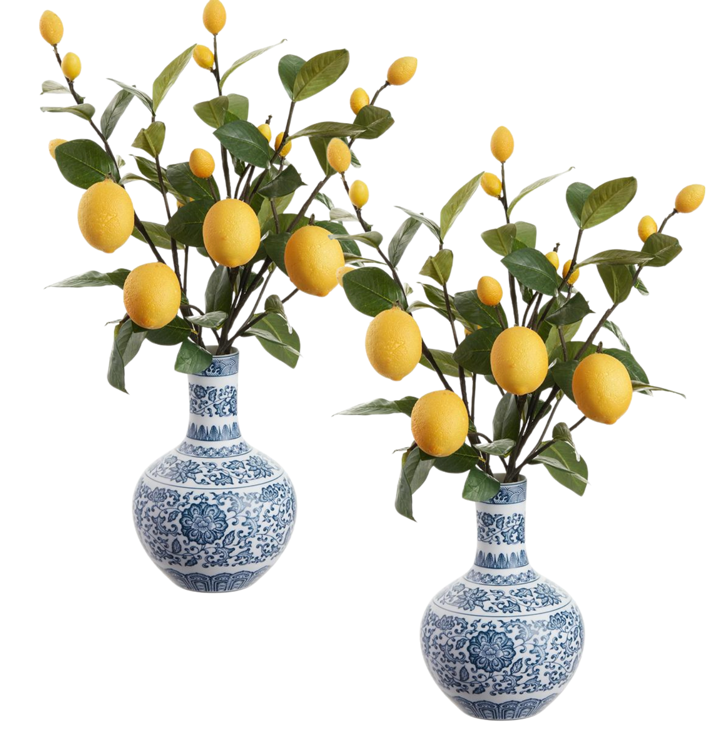 Pair of lemon stems in blue & white vase