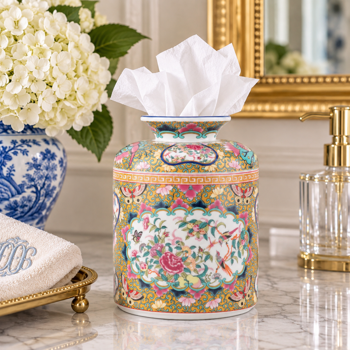 Rose Medallion Canton Porcelain Round Tissue Box