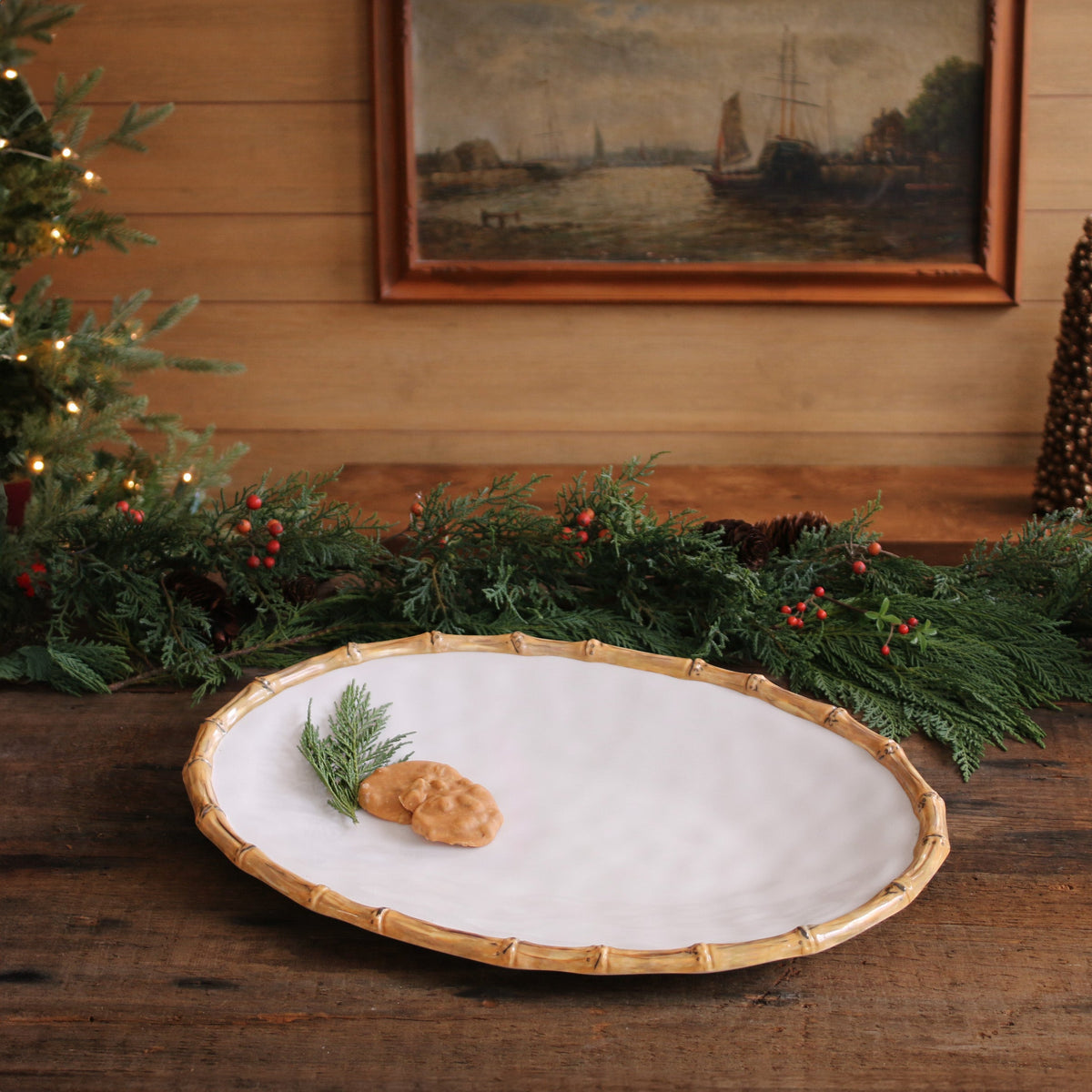 VIDA Bamboo Large Oval Platter (White and Natural)