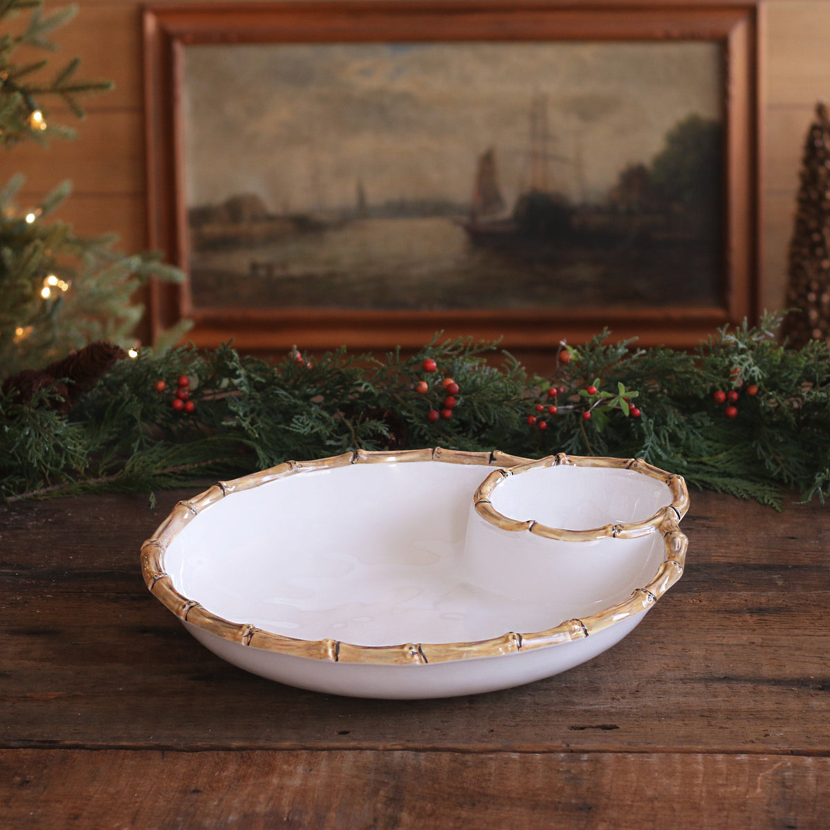 VIDA Bamboo Large Chip & Dip Bowl (White and Natural)