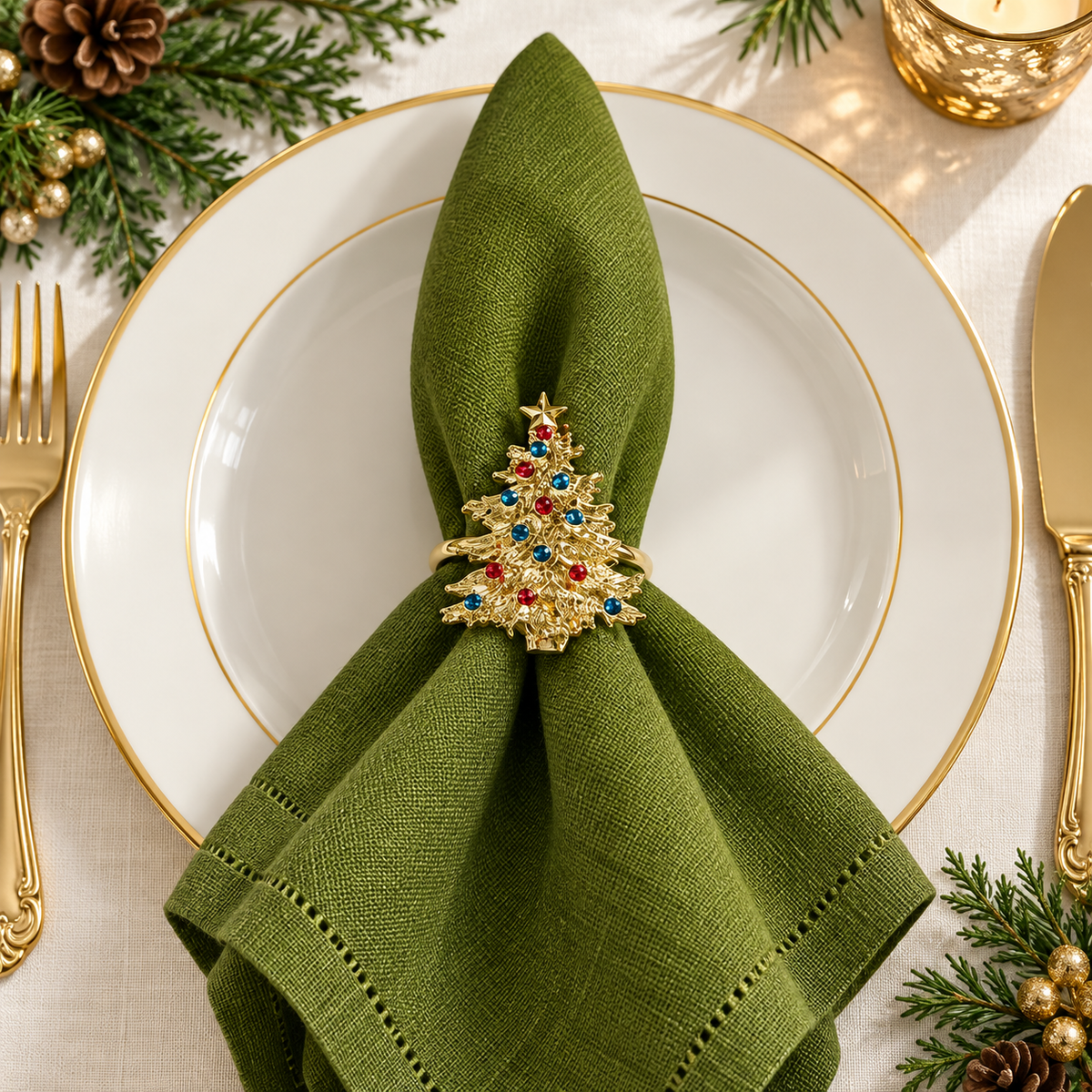Red & Blue Light Christmas Tree Set of 4 Napkin Ring