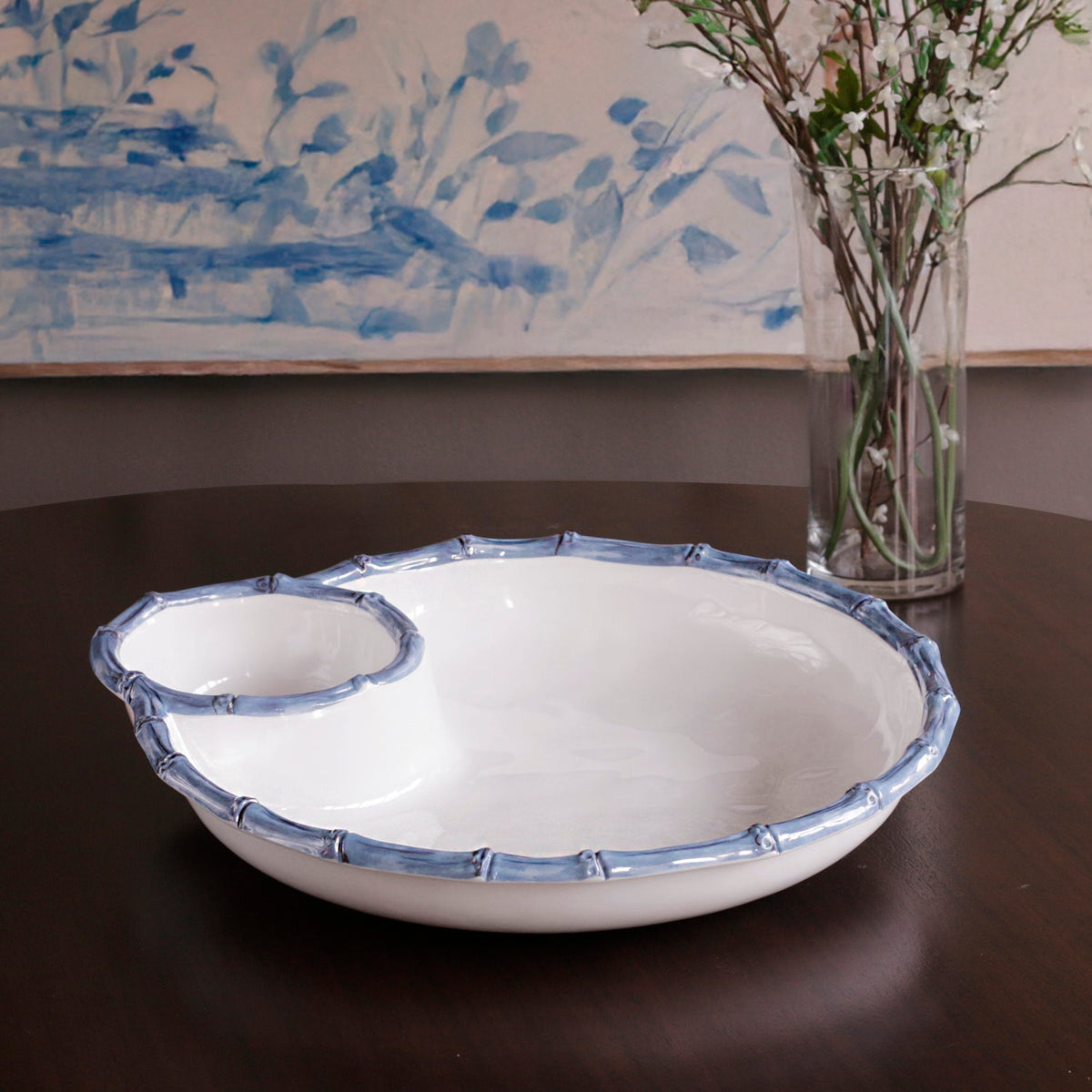 VIDA Bamboo Large Chip and Dip Bowl (White and Blue)