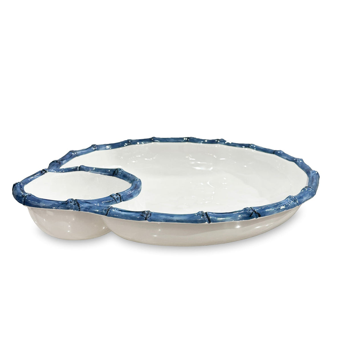 VIDA Bamboo Large Chip and Dip Bowl (White and Blue)