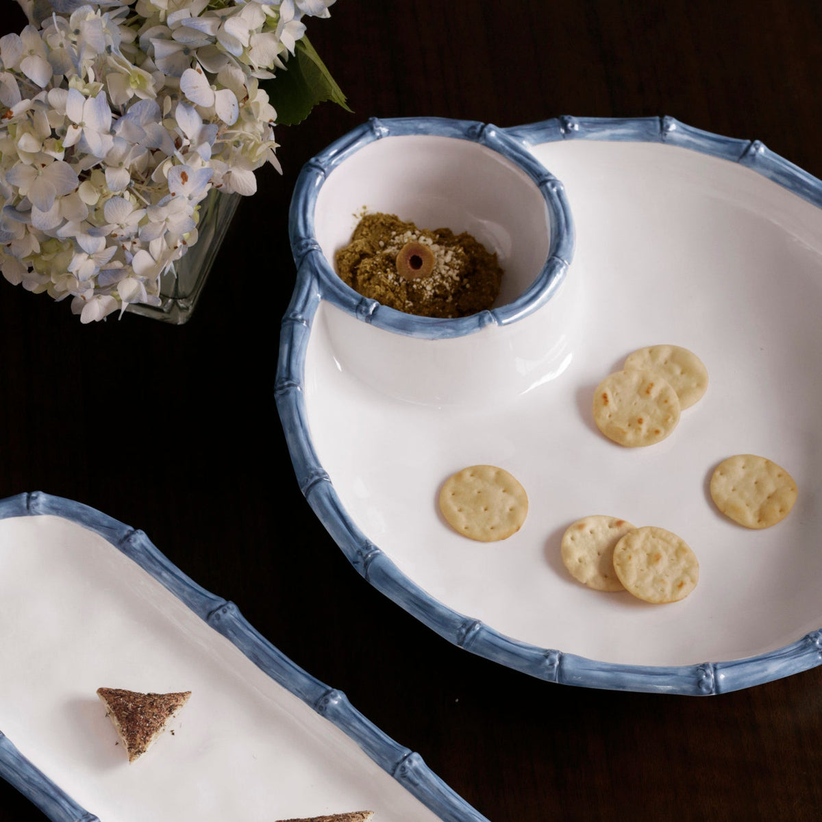 VIDA Bamboo Large Chip and Dip Bowl (White and Blue)