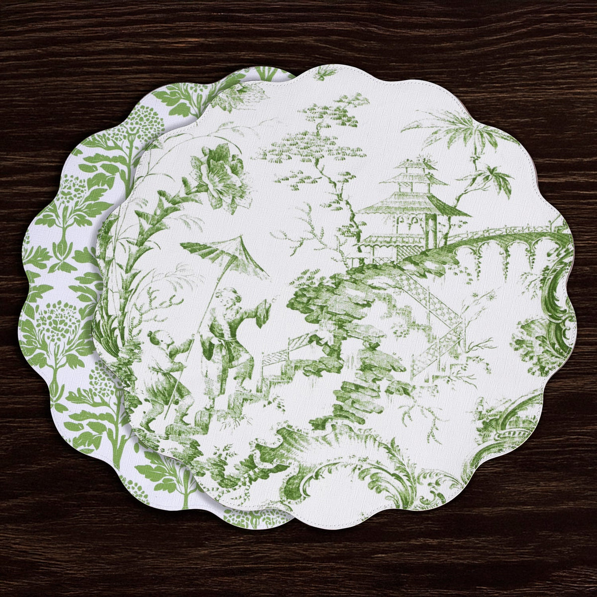 VIDA Chinoiserie Reversible  Round Placemats Set of 4 Green & White
