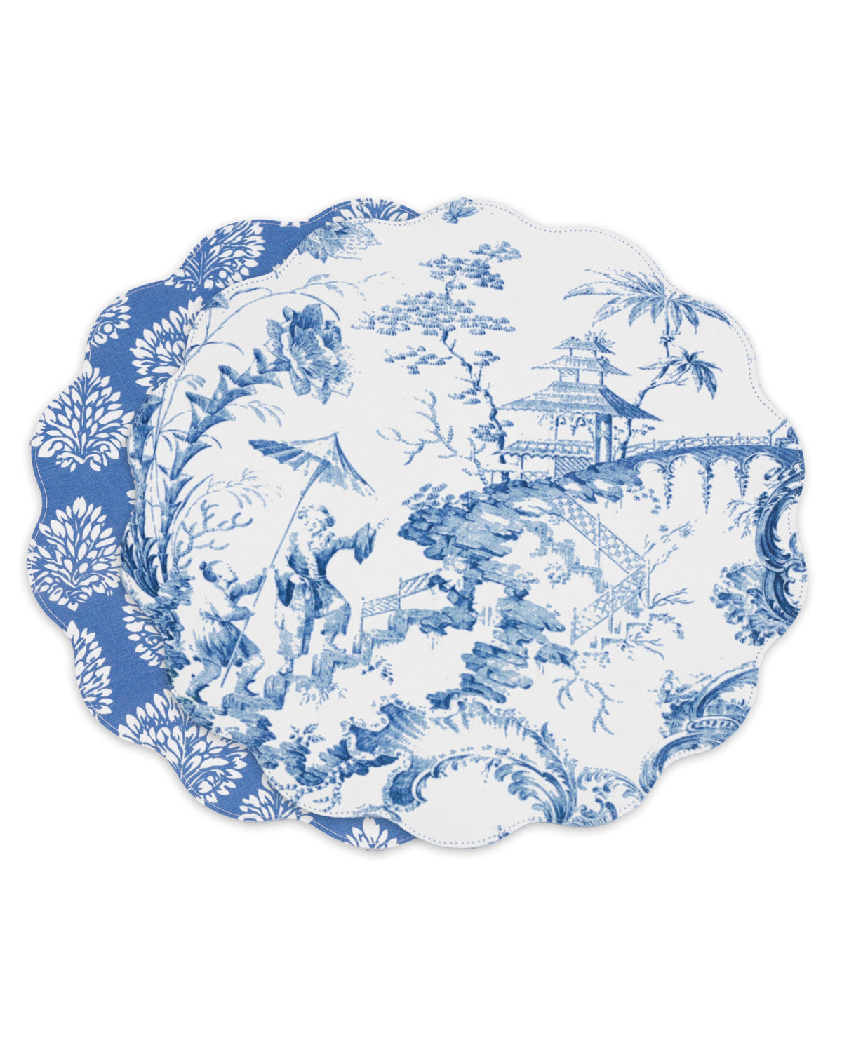 VIDA Chinoiserie Reversible  Round Placemats Set of 4 Blue & White