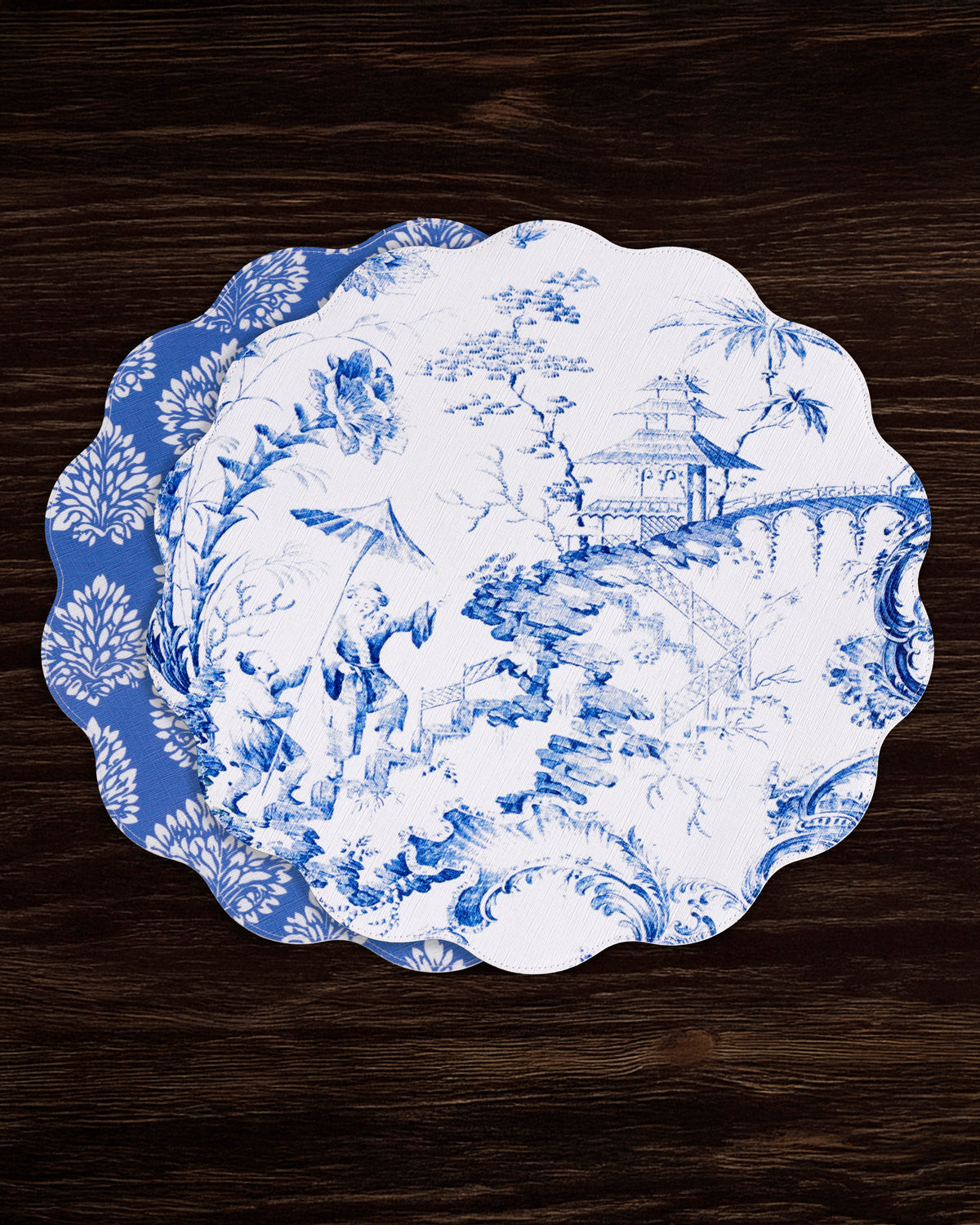 VIDA Chinoiserie Reversible  Round Placemats Set of 4 Blue & White
