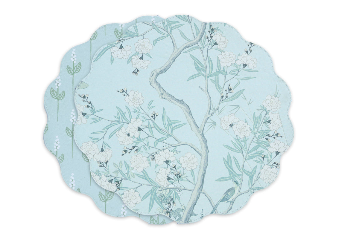 VIDA Chinoiserie Reversible  Round Placemats Set of 4 Light Teal & White