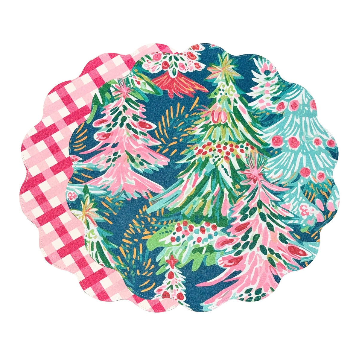 VIDA Holiday Trees and Preppy Plaid Reversible  Round Placemats Set of 4 Pink & Green