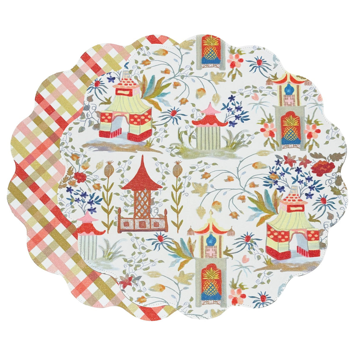 VIDA Pagoda and Carlie Plaid Reversible Round Placemats Set of 4 (Red and Orange)