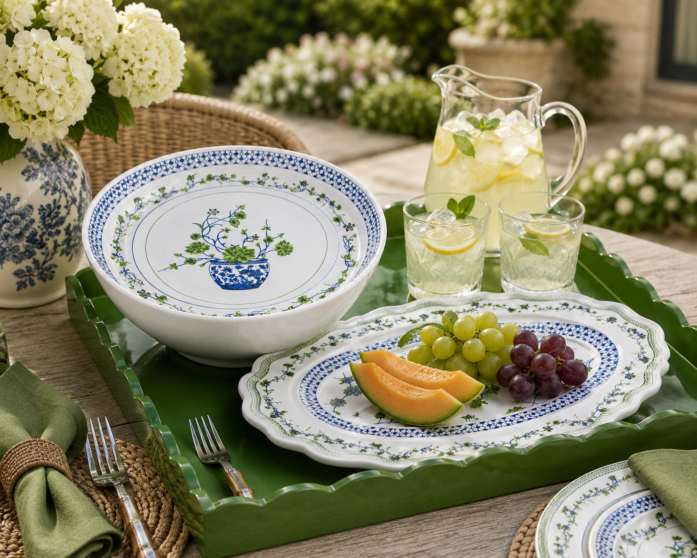 Floral Cache Pot Bundle with Green Lacquer Tray