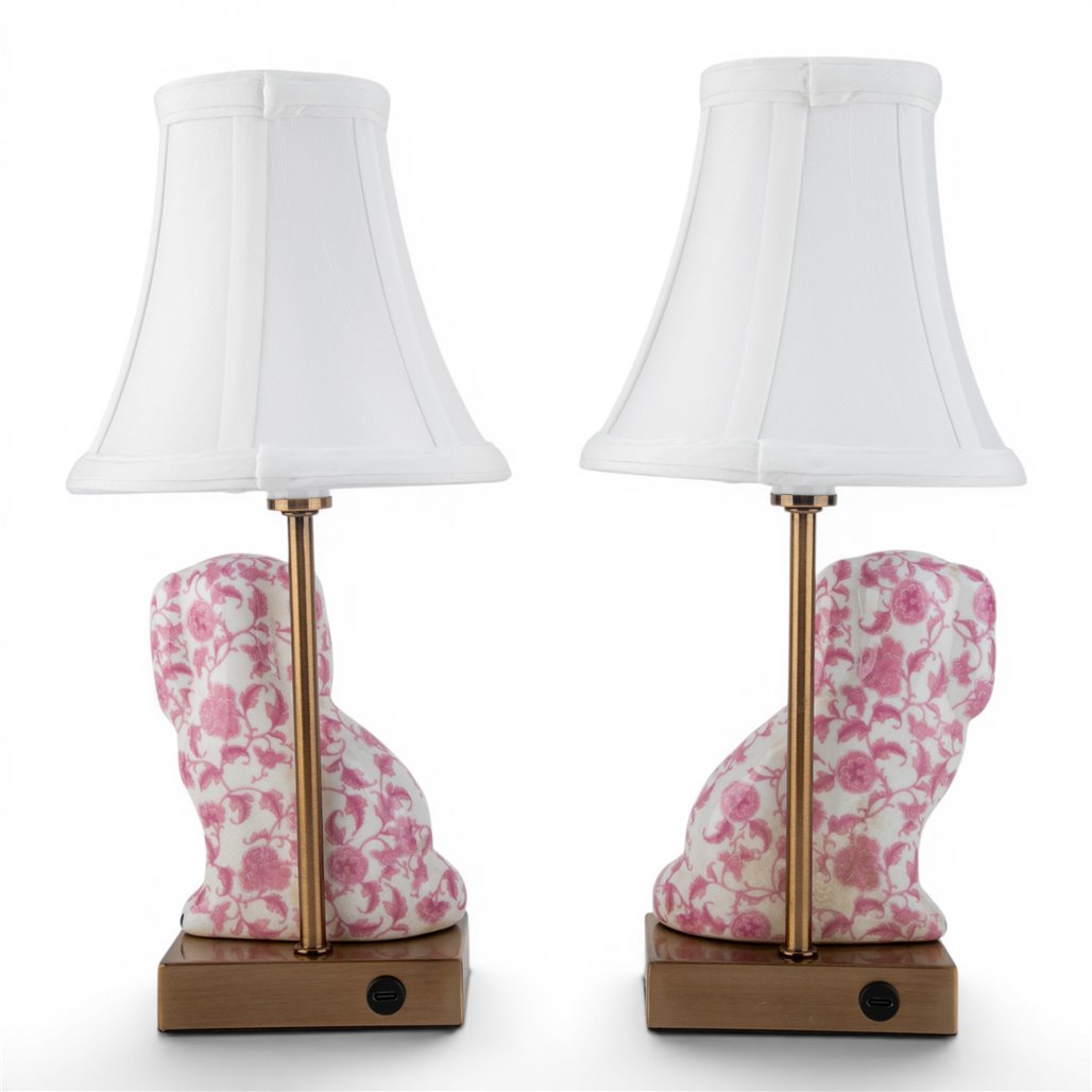 Pair of Pink Floret Staffordshire Dog Rechargeable Lamps