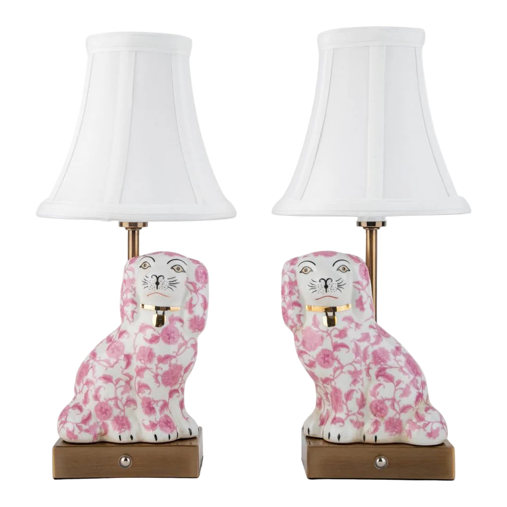Pair of Pink Floret Staffordshire Dog Rechargeable Lamps