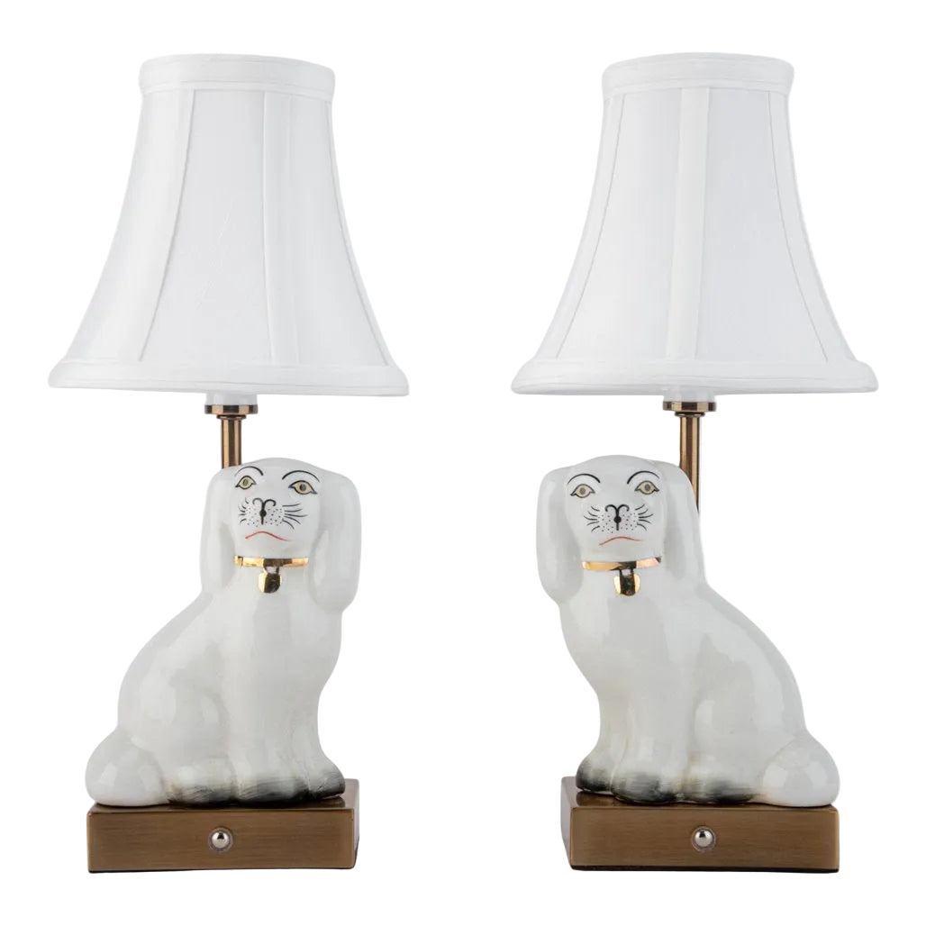 Pair White & Cream Staffordshire Dog Rechargeable Lamps