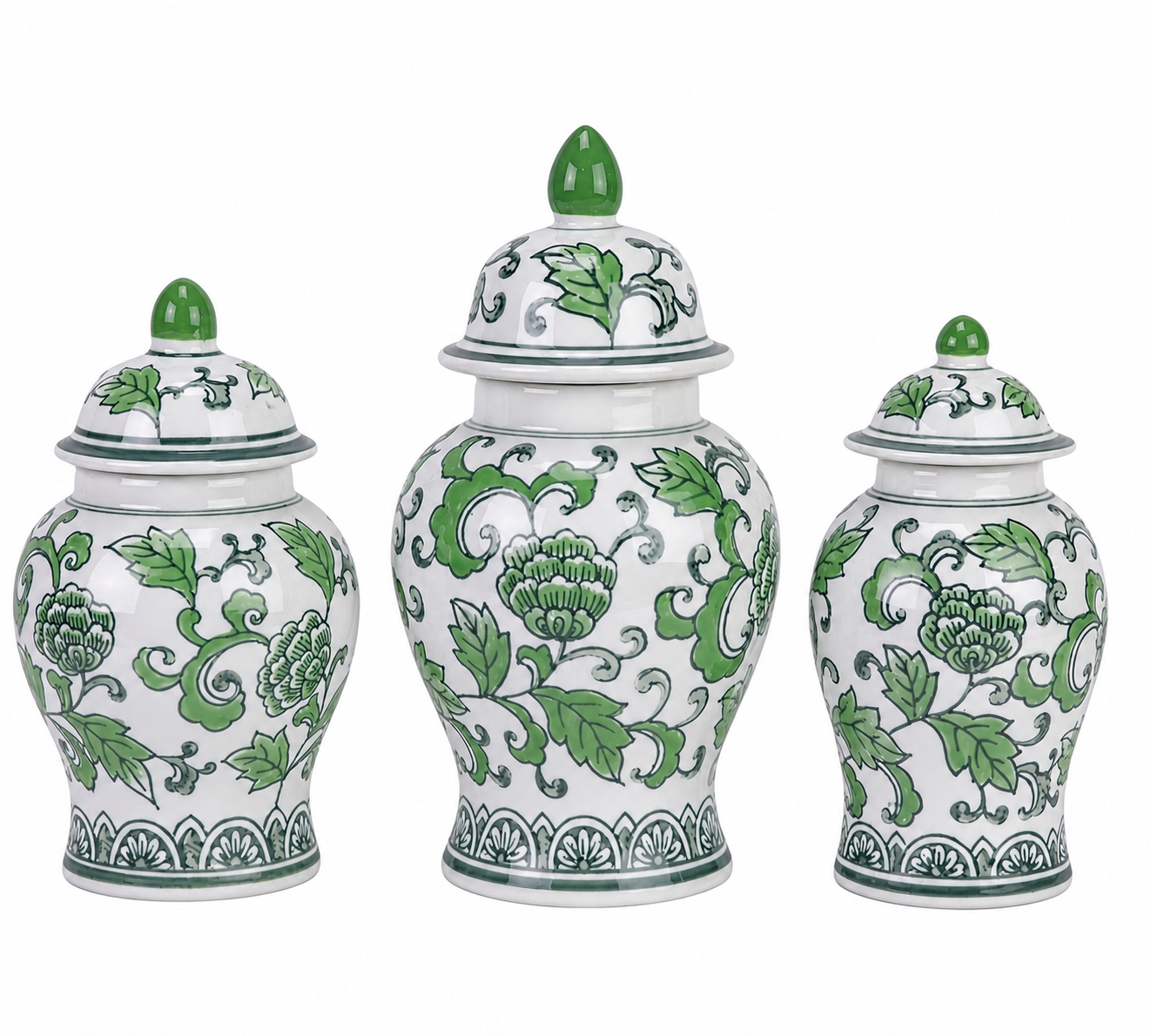 Set of 3 Green & White Floral Food Safe Jars