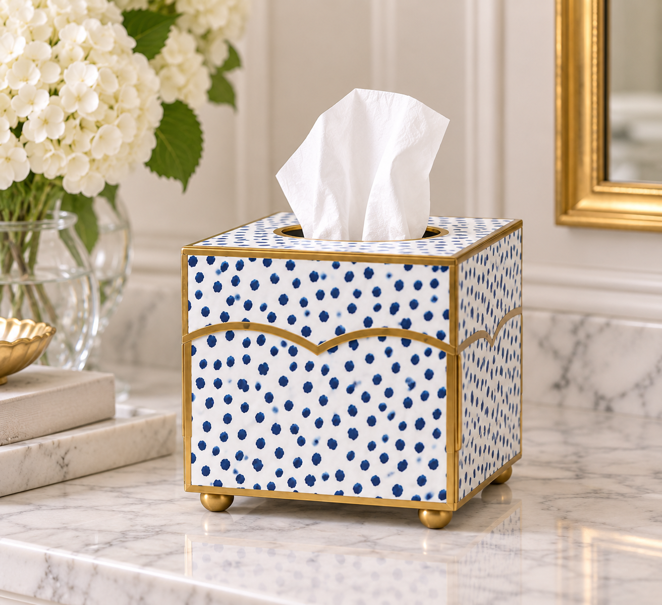 Navy Blue Polka Dot Wastepaper Basket & Tissue Holder (2 Options) (Copy)