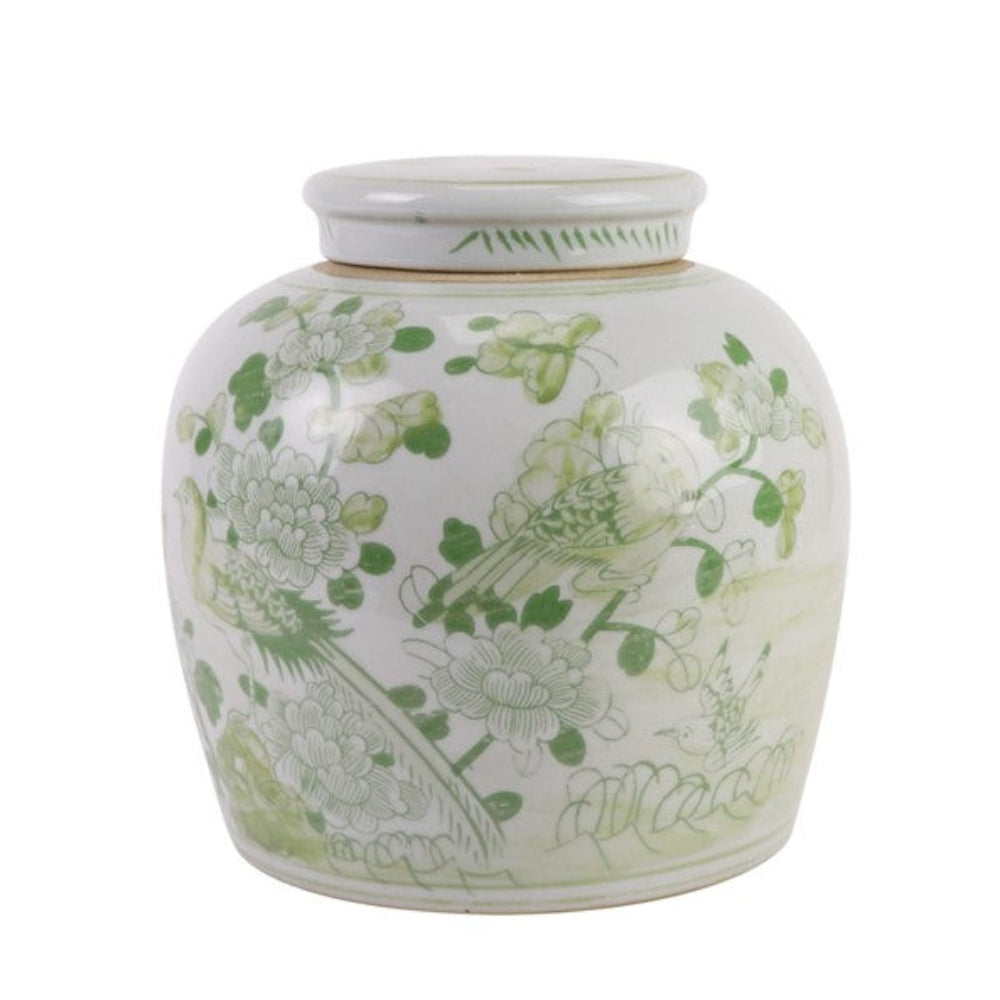Soft green bird and floral flat top jar