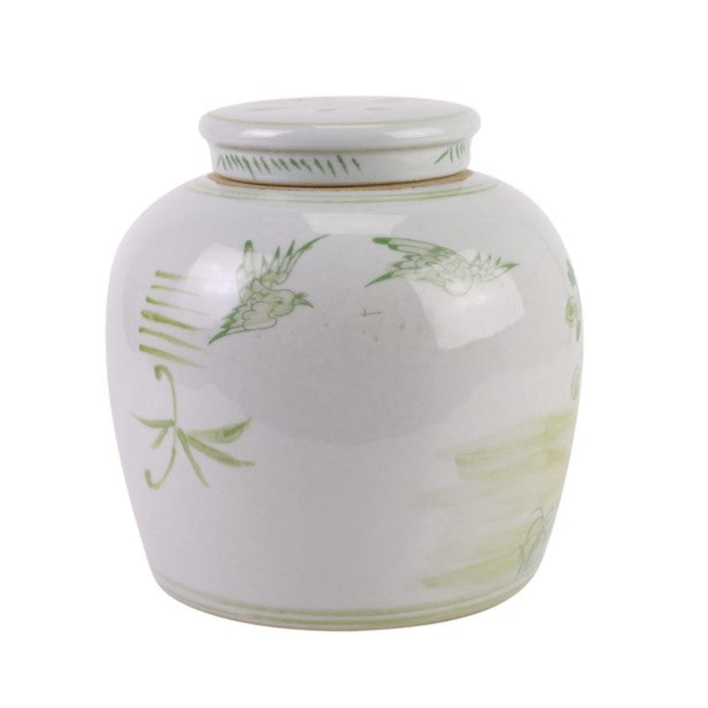 Soft green bird and floral flat top jar