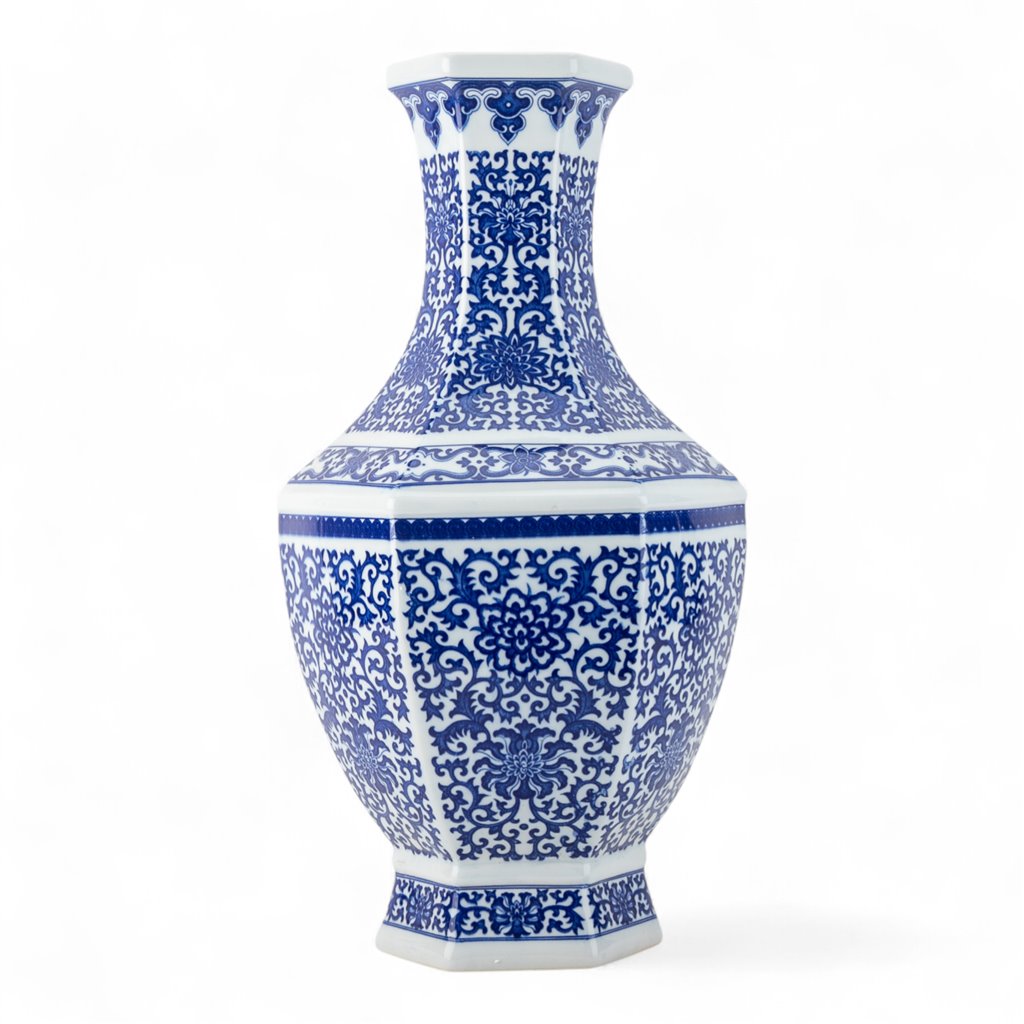 Hex Vase – Blue and White Filigree
