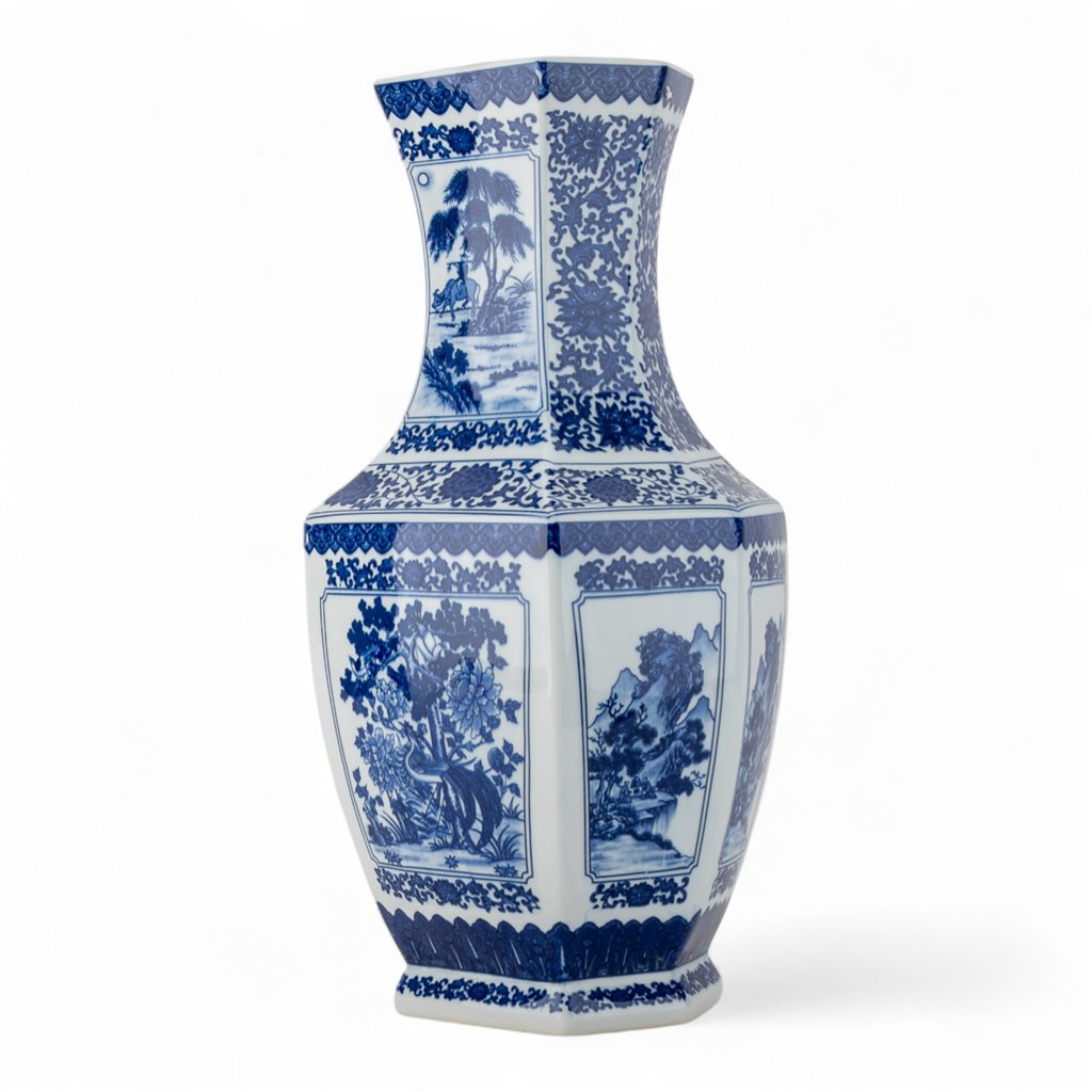Hex Vase Blue And White Bird And Flower