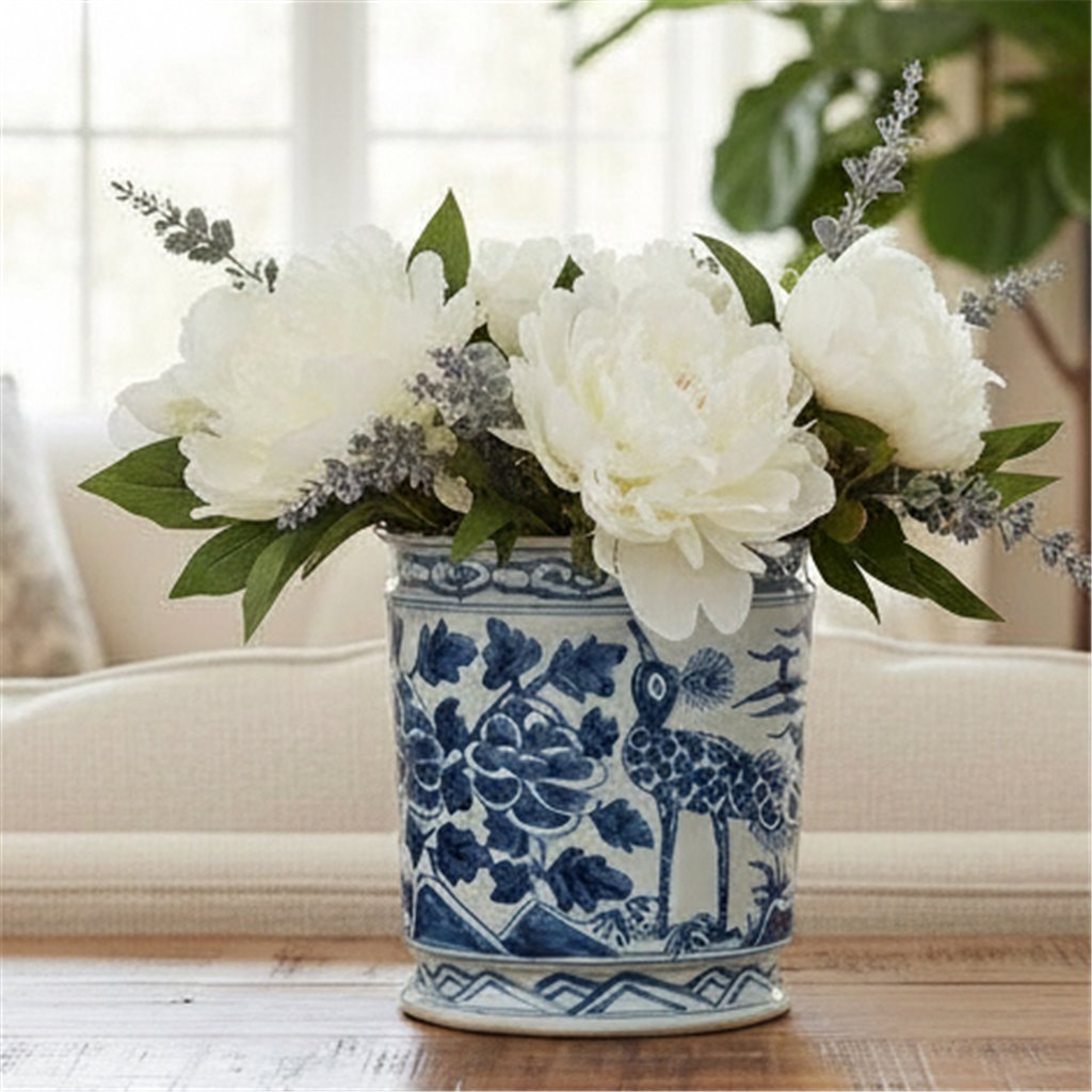 Antiqued Finish Pot-Blue Peony