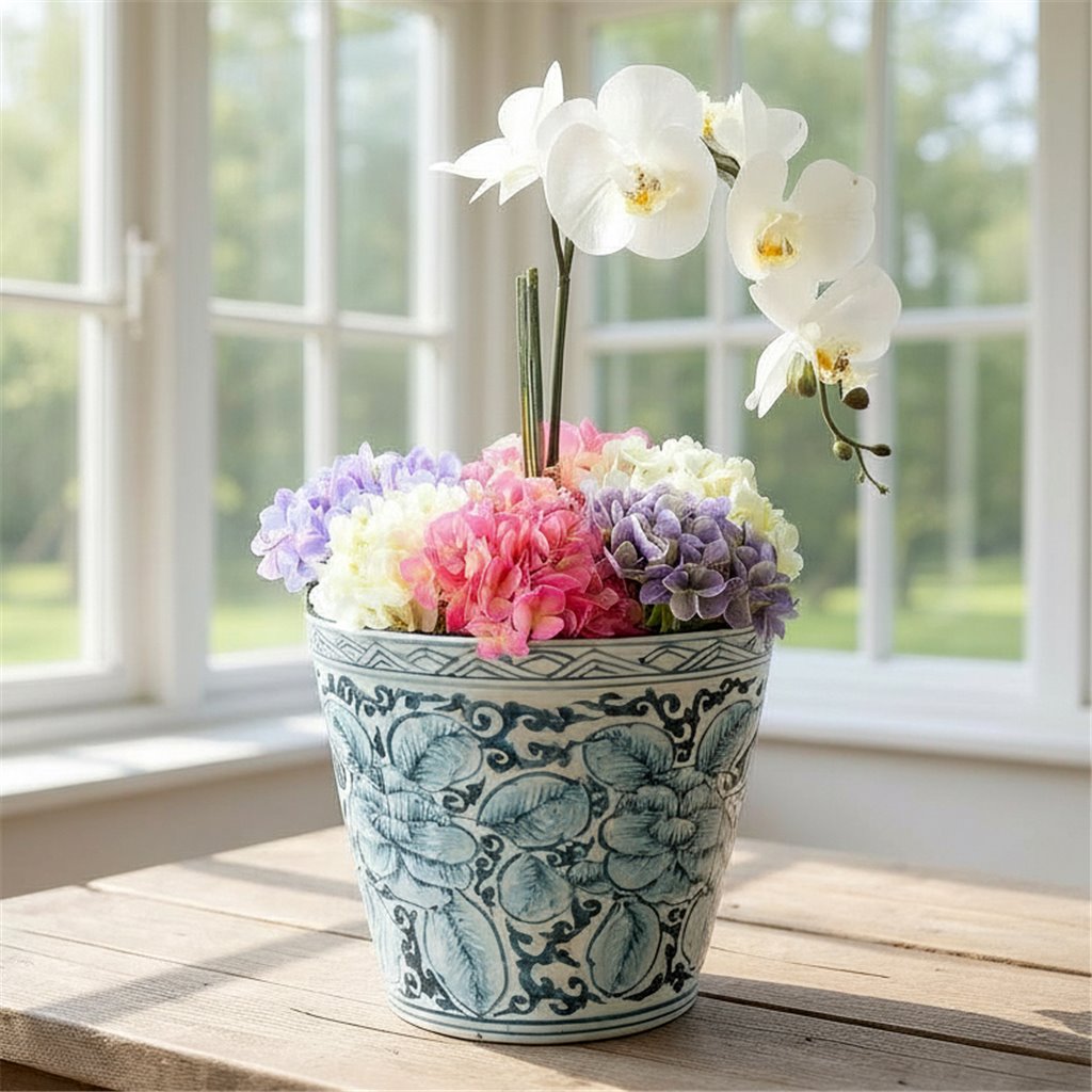 Antique Finish Pot-Blue Flower And Leaf