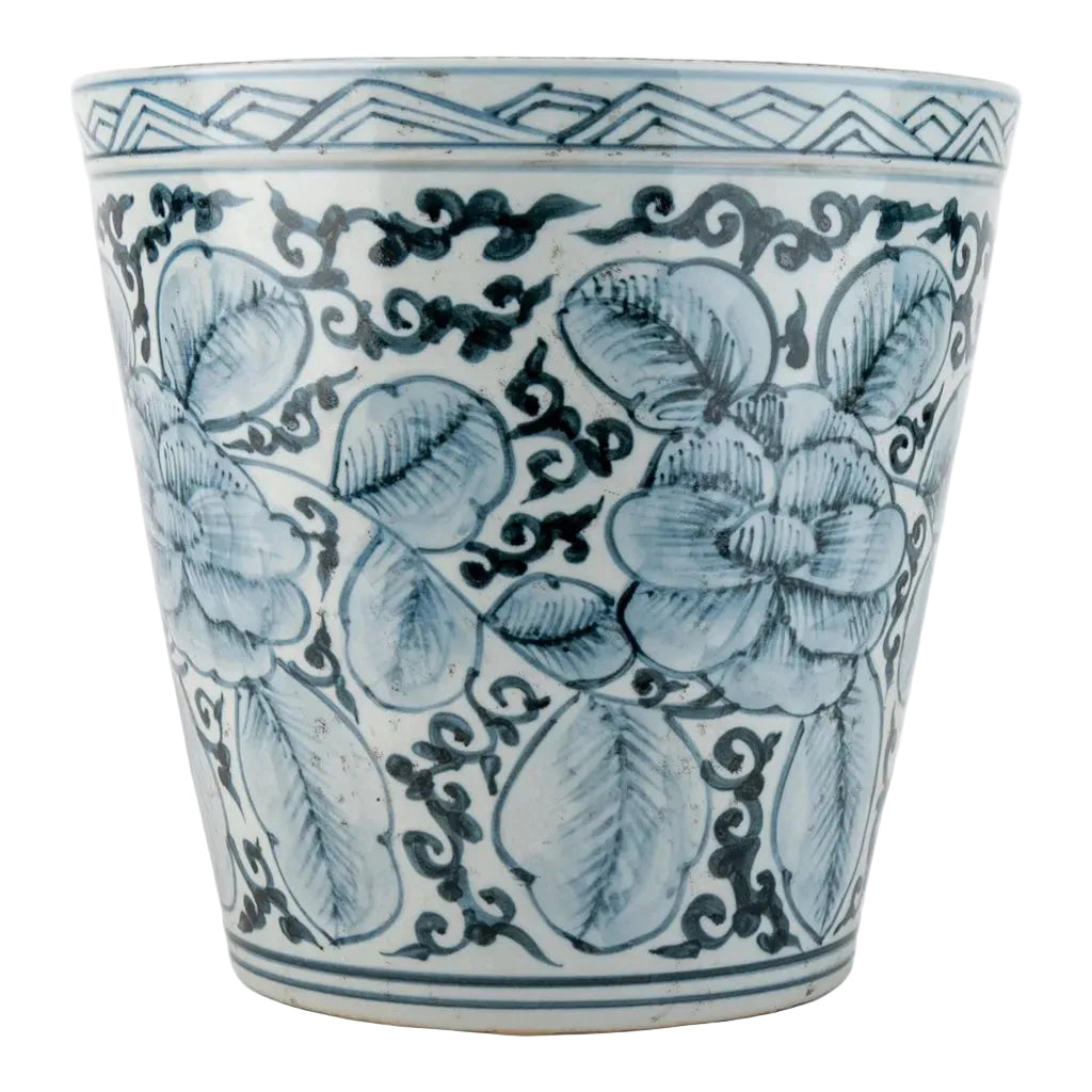Antique Finish Pot-Blue Flower And Leaf