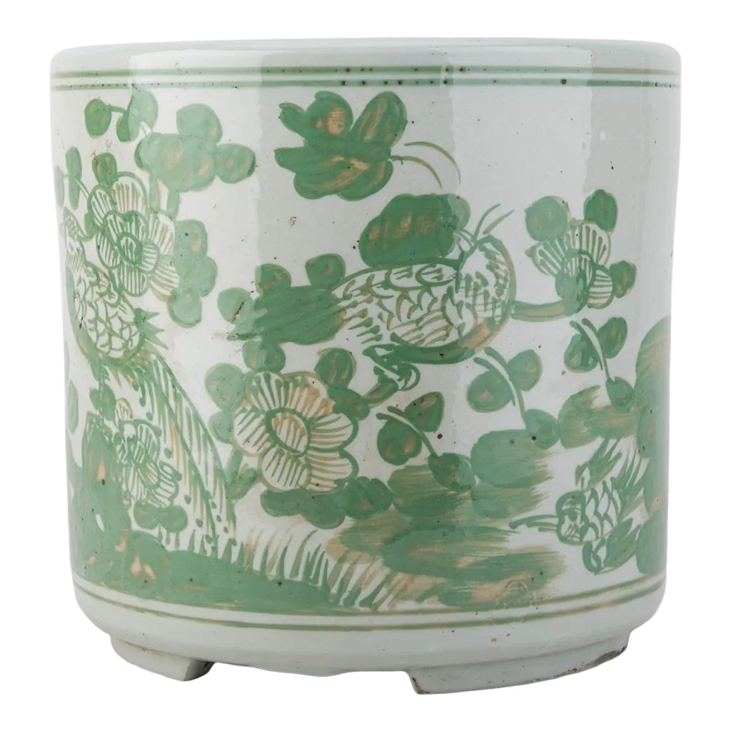 Antiqued Finish Pot-Green Flower Bird