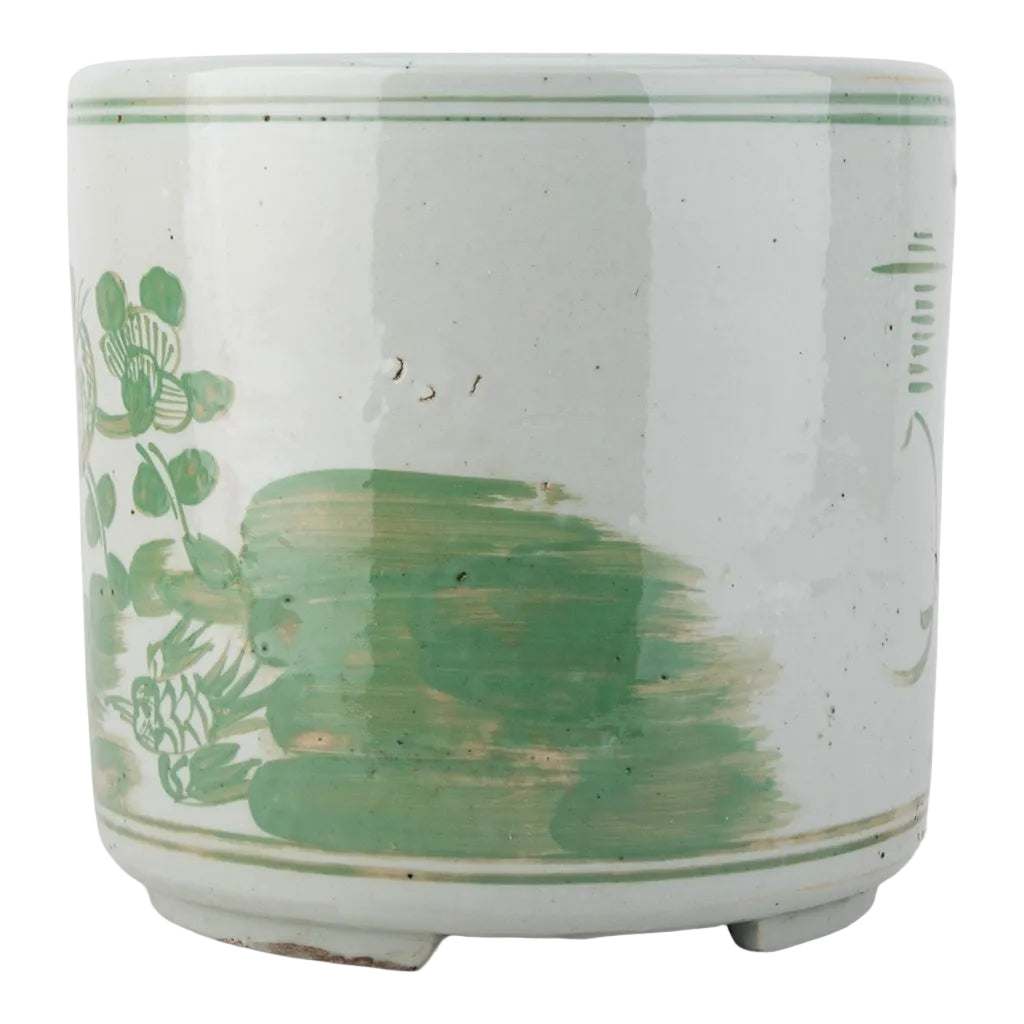 Antiqued Finish Pot-Green Flower Bird