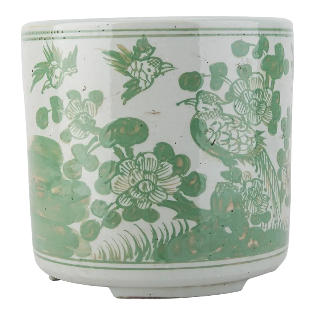 Antiqued Finish Pot-Green Flower Bird