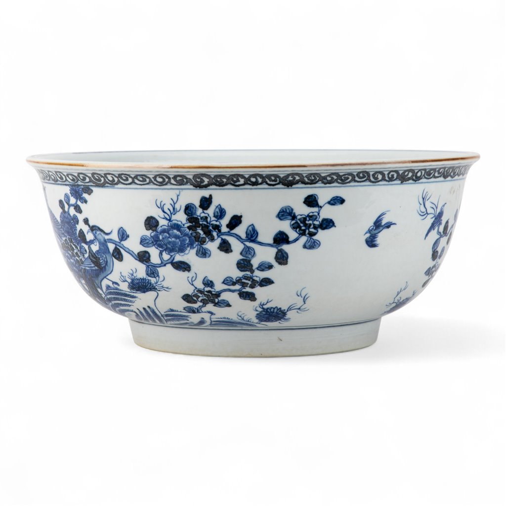 Lipped Round Bowl Blue And White Bird