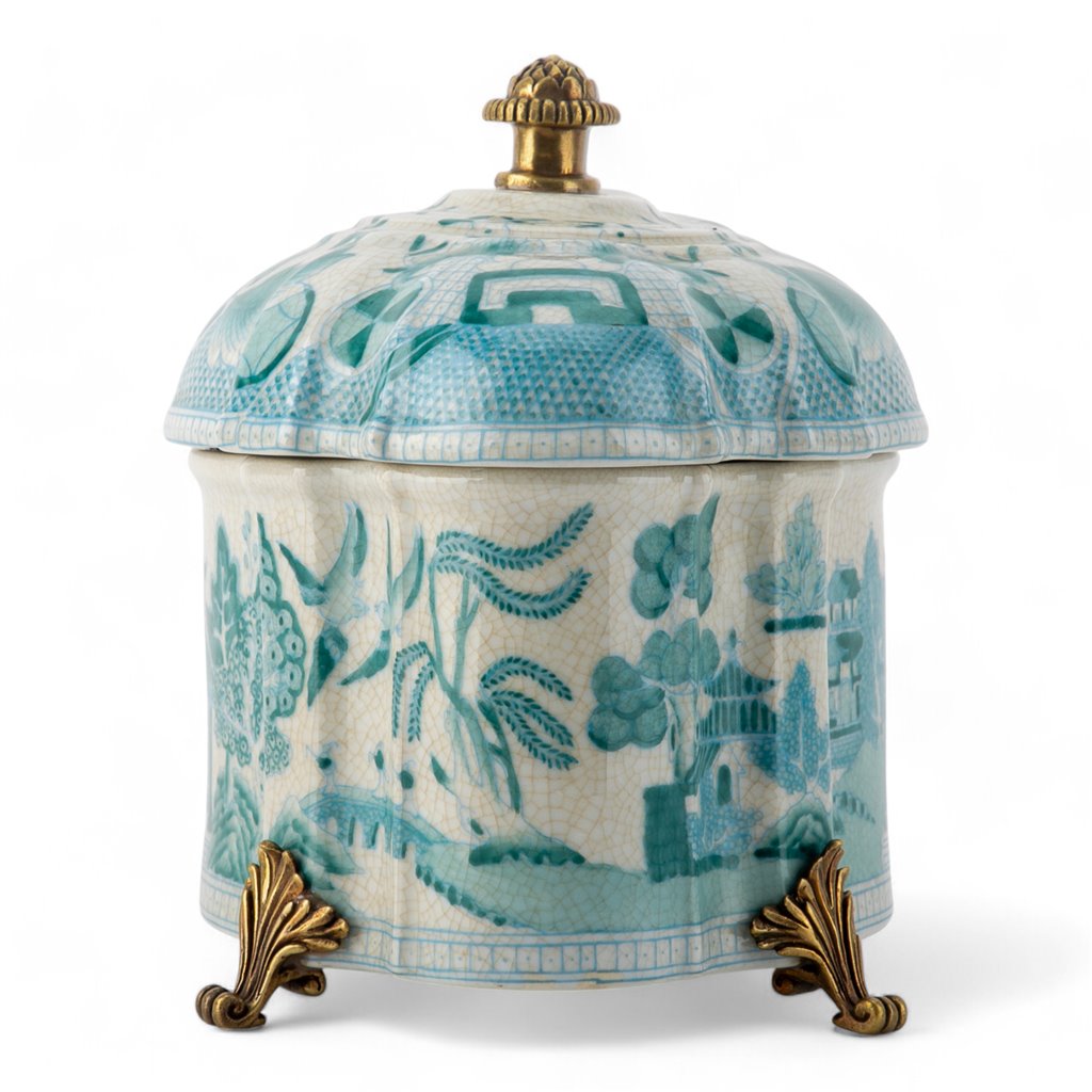 Turquoise And White Willow Pattern Oval Shape Lidded Box