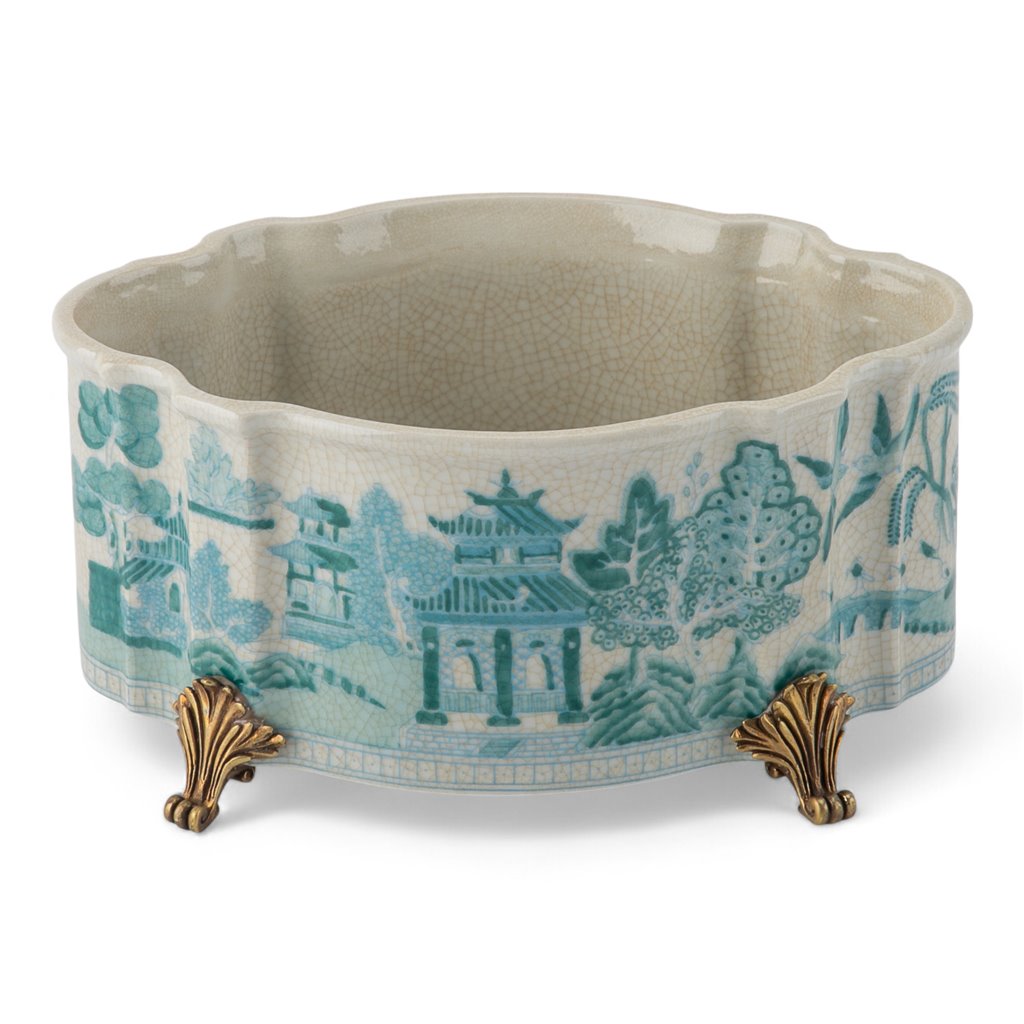 Turquoise And White Willow Pattern Oval Shape Lidded Box