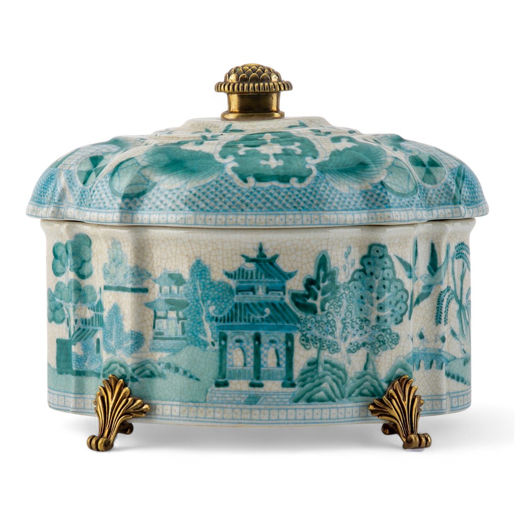 Turquoise And White Willow Pattern Oval Shape Lidded Box