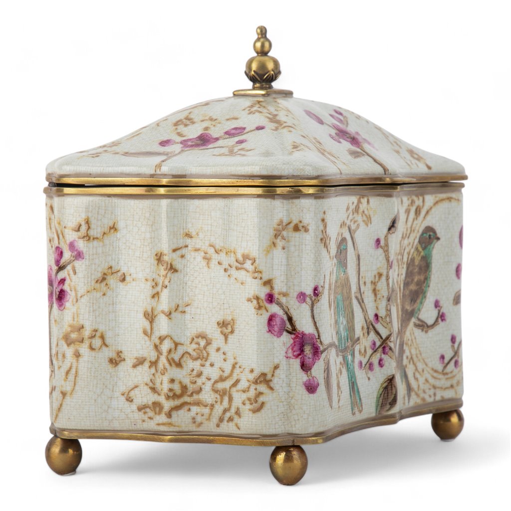 Spring Blossom Bird Pattern Hinged Box With Bronze Ormolu