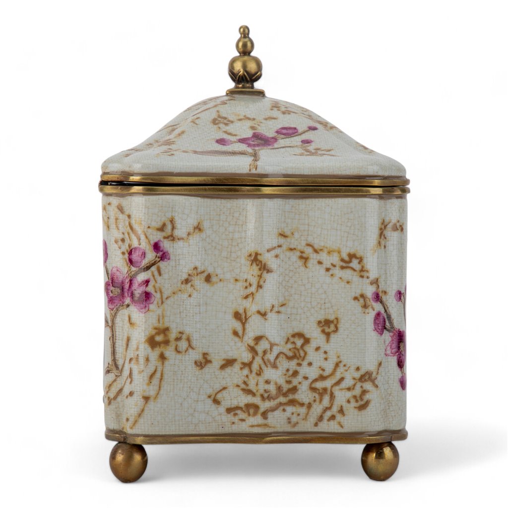 Spring Blossom Bird Pattern Hinged Box With Bronze Ormolu