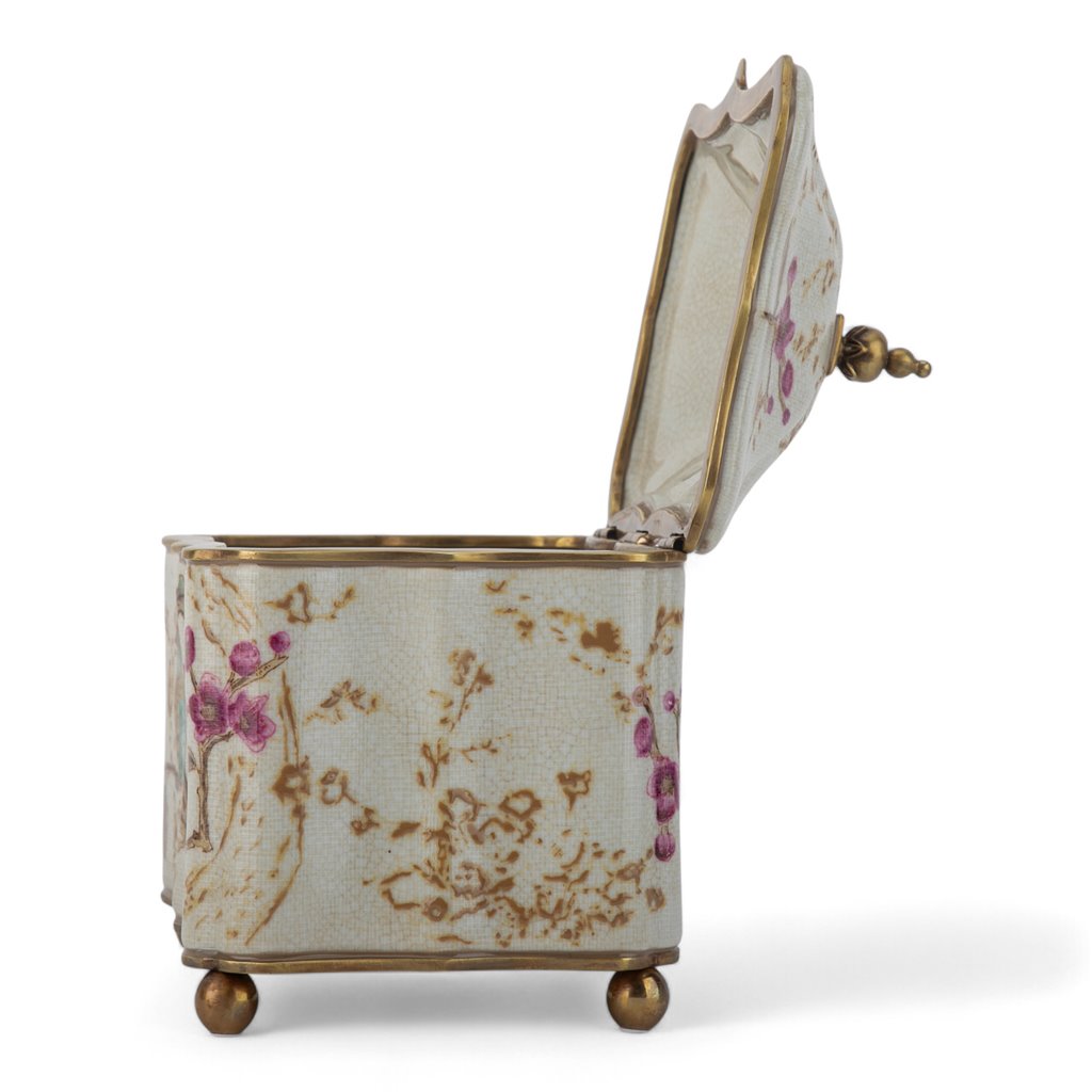 Spring Blossom Bird Pattern Hinged Box With Bronze Ormolu