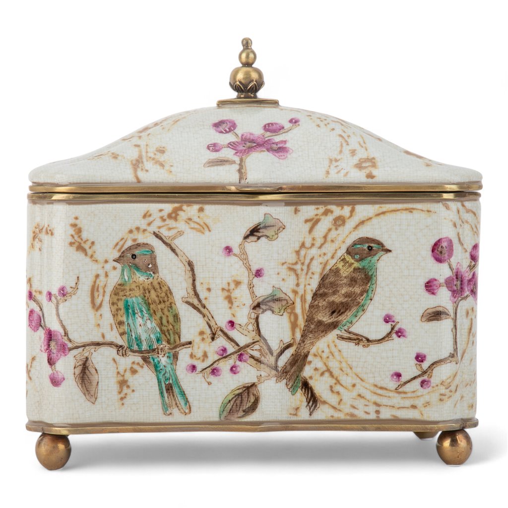 Spring Blossom Bird Pattern Hinged Box With Bronze Ormolu