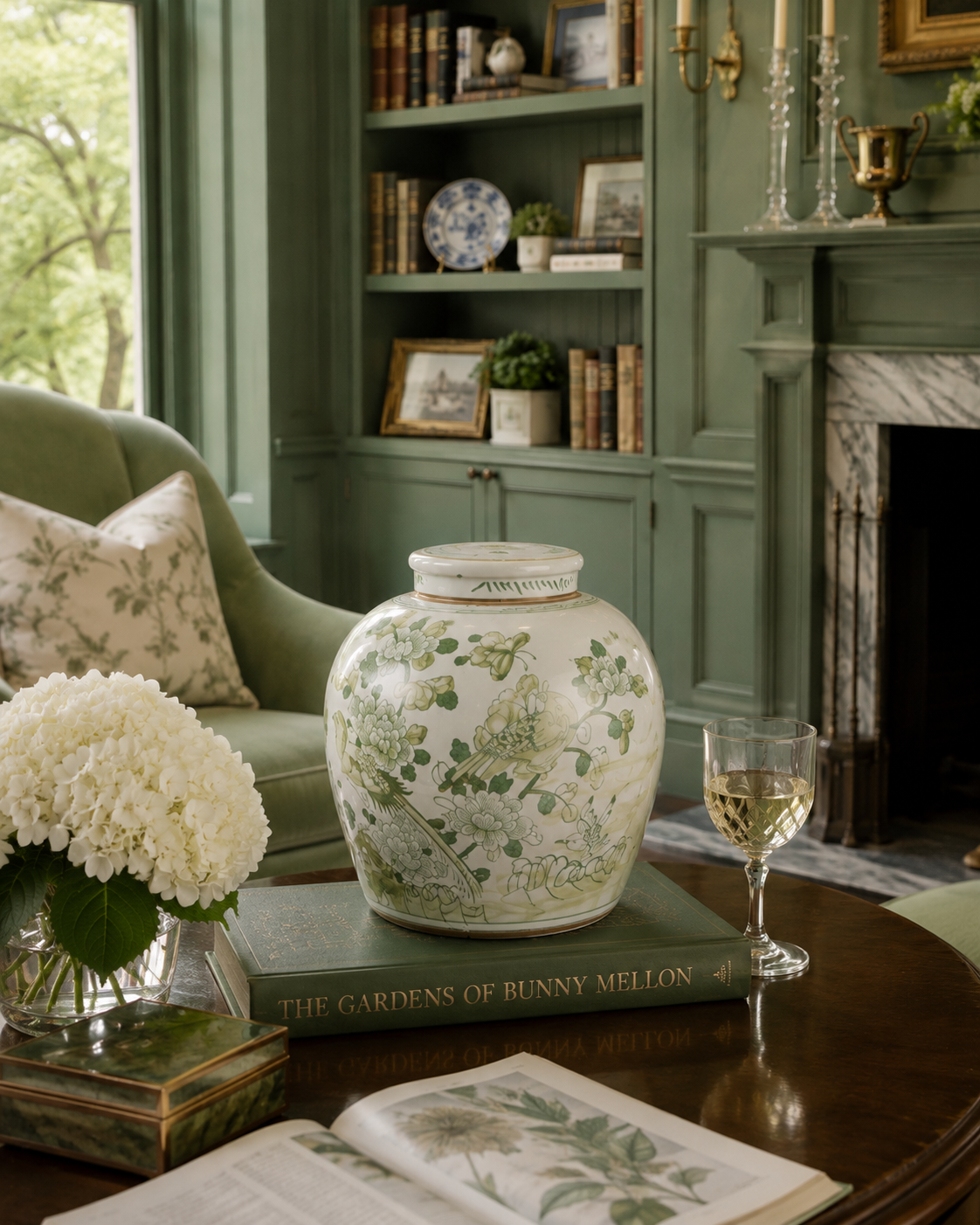 Soft green bird and floral flat top jar