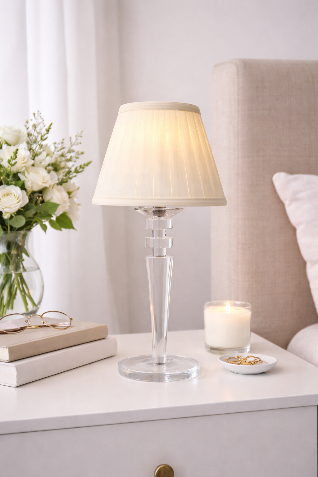 Tall Crystal Rechargeable Lamp with Ivory Shade