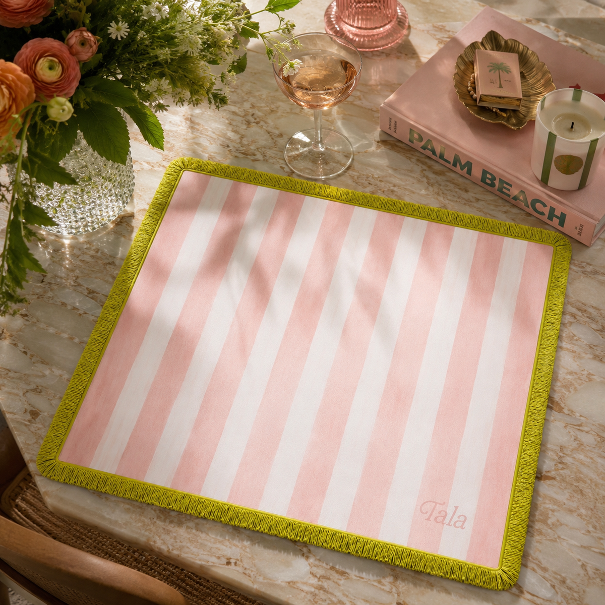 Cabana Mahjong Mat - Pink & Ivory with Citrus Fringe