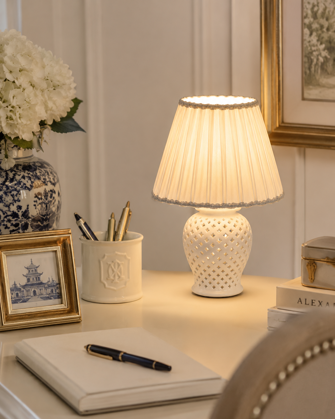 Ivory Pierced Diamond Porcelain Rechargeable Lamp (2 Sizes)