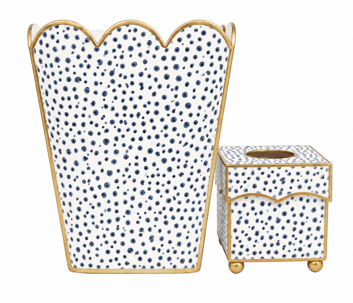 Navy Dot Square Scalloped Wastepaper Basket & Tissue Holder (2 Options)