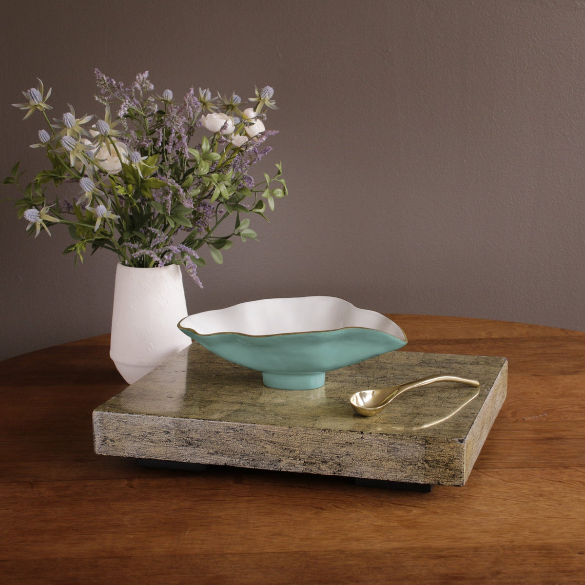 ENCANTO Claire Small Oval Bowl with Spoon (Turquoise, White and Gold)