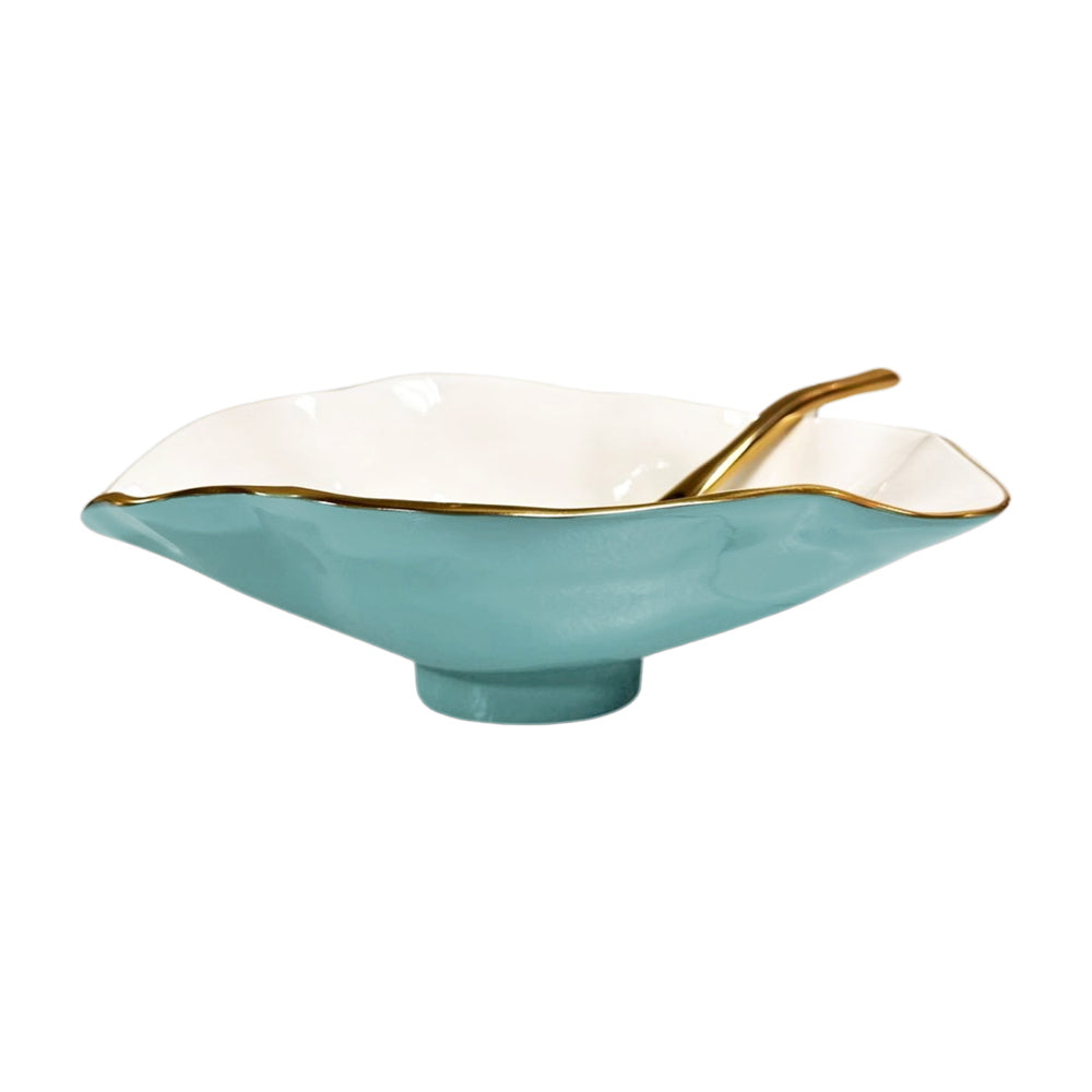 ENCANTO Claire Small Oval Bowl with Spoon (Turquoise, White and Gold)