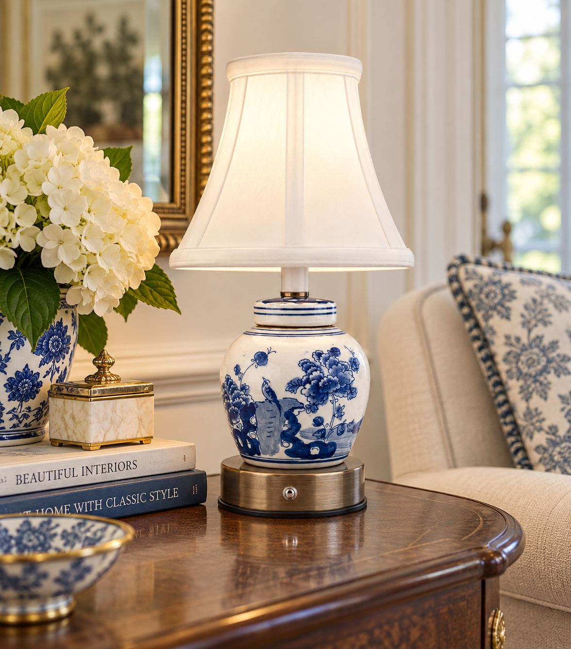 Blue Flower & Bird Jar Rechargeable Lamp