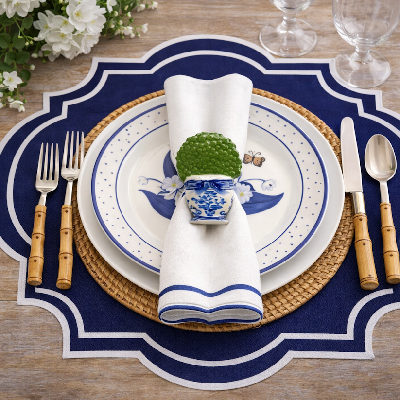 Blue Topiary & Bow Set of 4 Napkin Ring