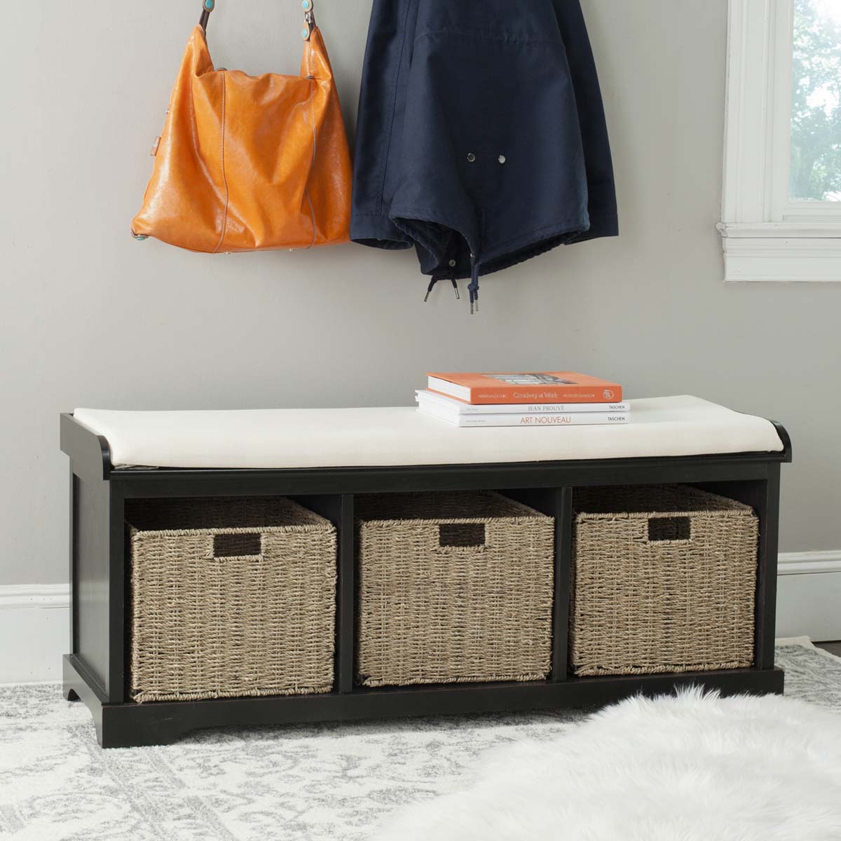 Safavieh Lonan Wicker Storage Bench - Distressed Black/White